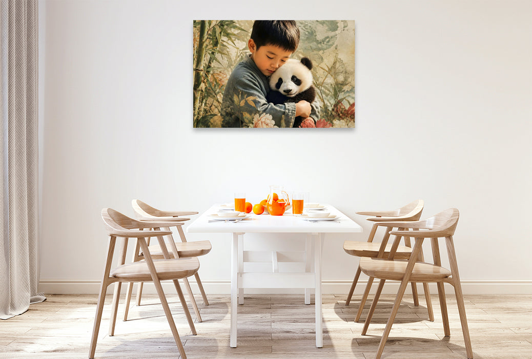 Premium Textil-Leinwand Sanfte Begegnung im Bambuswald. Chinesischer Junge & Pandababy