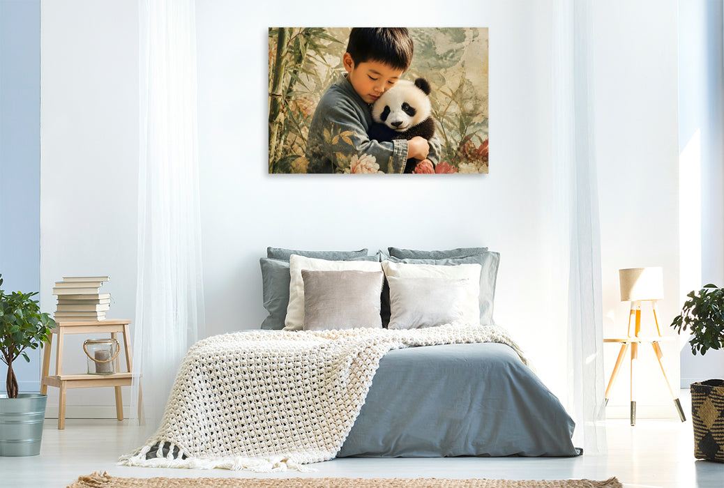 Premium Textil-Leinwand Sanfte Begegnung im Bambuswald. Chinesischer Junge & Pandababy