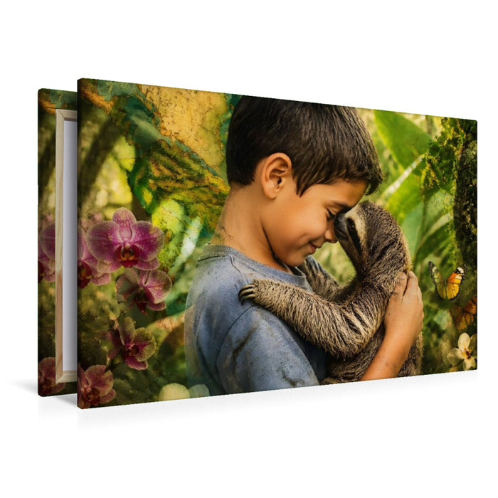 Premium Textil-Leinwand Im Herzen des Regenwaldes. Costa-Rica-Junge & Faultierbaby
