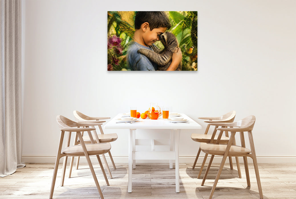Premium Textil-Leinwand Im Herzen des Regenwaldes. Costa-Rica-Junge & Faultierbaby