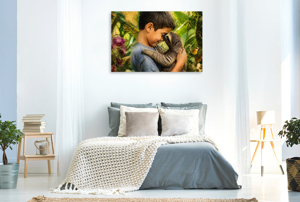 Premium Textil-Leinwand Im Herzen des Regenwaldes. Costa-Rica-Junge & Faultierbaby