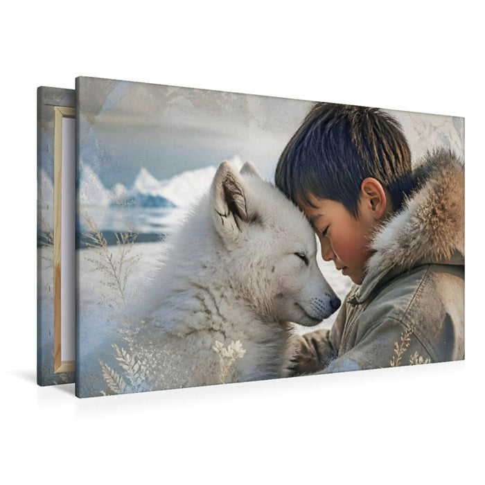 Premium Textil-Leinwand Vertrauen im ewigen Eis. Inuit-Junge & Polarwolfwelpe