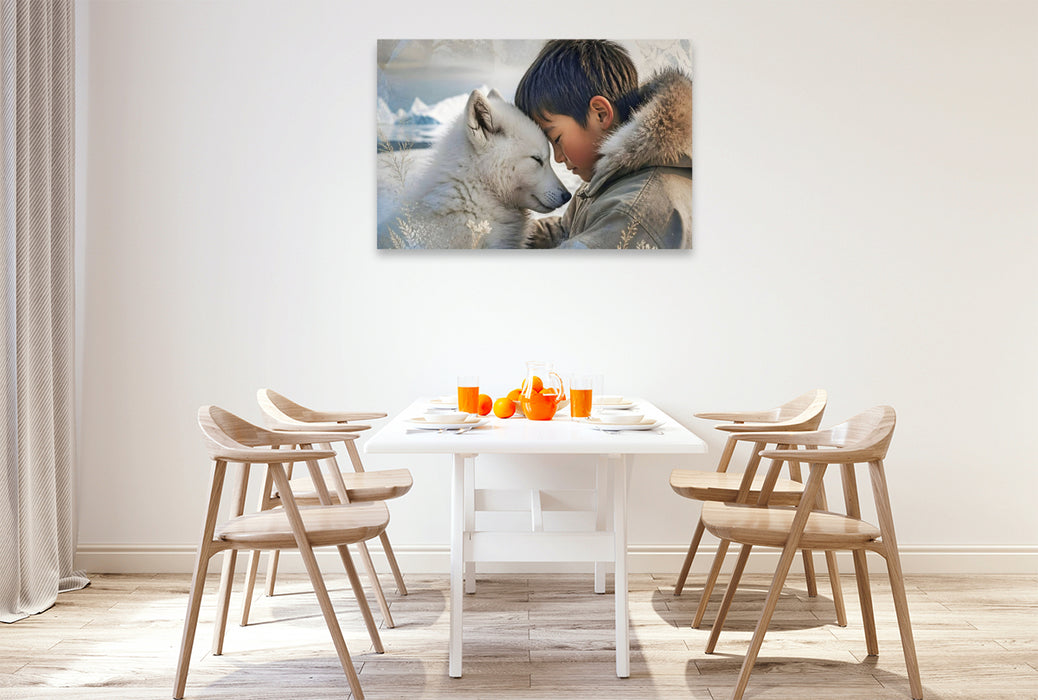 Premium Textil-Leinwand Vertrauen im ewigen Eis. Inuit-Junge & Polarwolfwelpe
