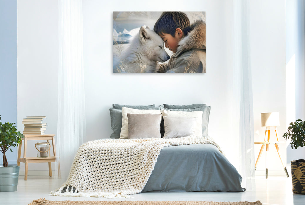 Premium Textil-Leinwand Vertrauen im ewigen Eis. Inuit-Junge & Polarwolfwelpe