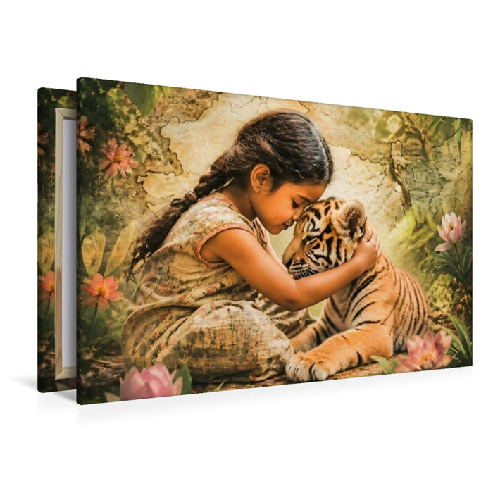 Premium Textil-Leinwand Vertrauen im Dschungel. Indisches Mädchen & Tigerjunges