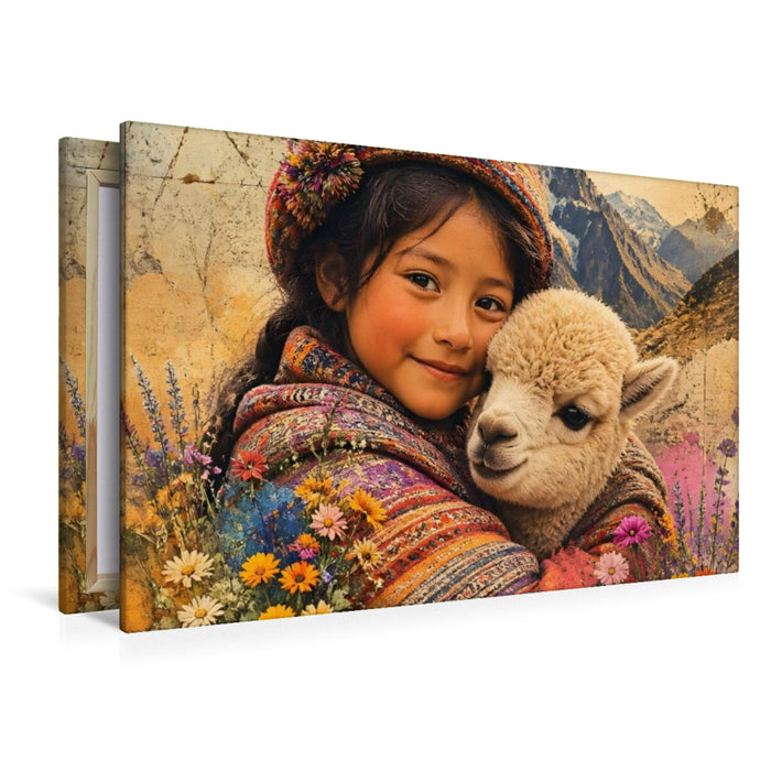 Premium Textil-Leinwand Geborgen in den Anden. Andenmädchen & Alpakafohlen
