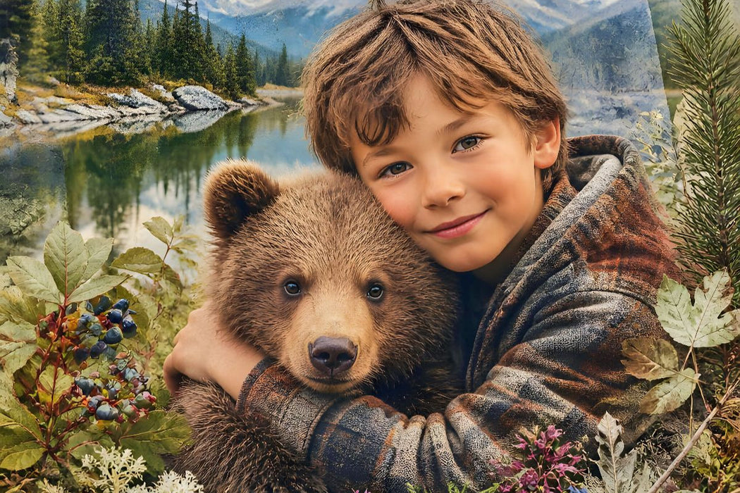Premium Textil-Leinwand Freunde der Wildnis. Kanadischer Junge & Bärenjunges
