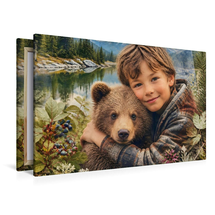 Premium Textil-Leinwand Freunde der Wildnis. Kanadischer Junge & Bärenjunges