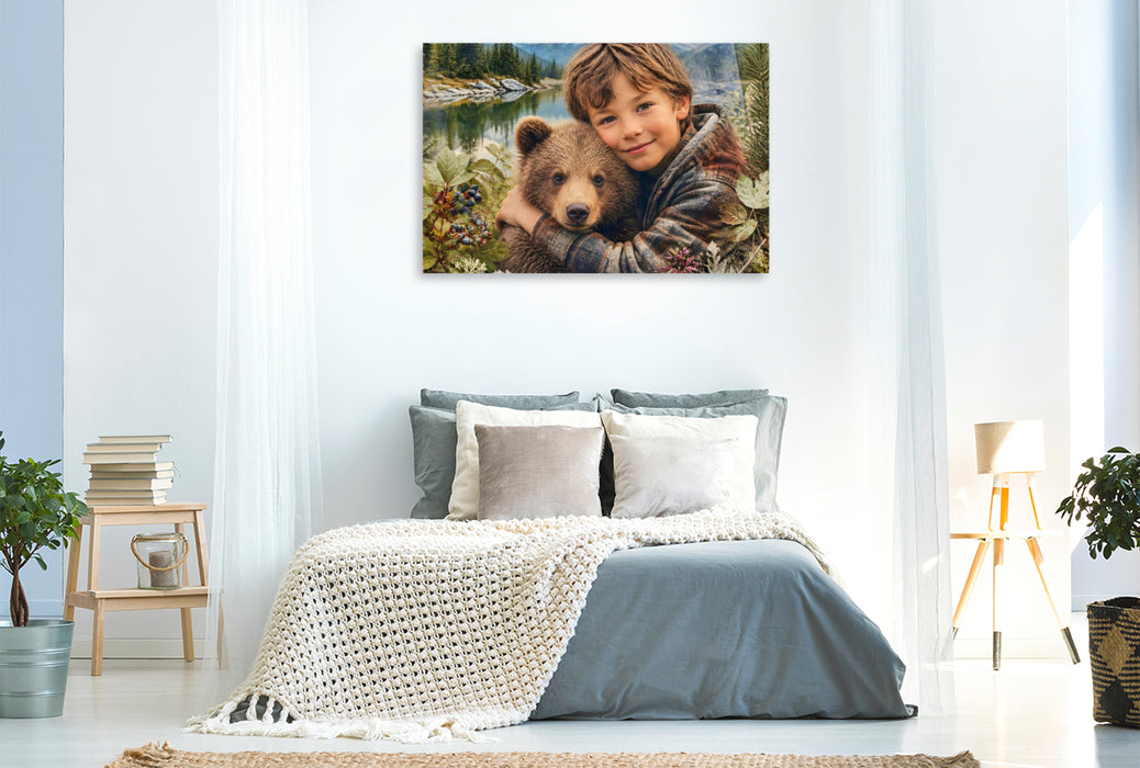Premium Textil-Leinwand Freunde der Wildnis. Kanadischer Junge & Bärenjunges