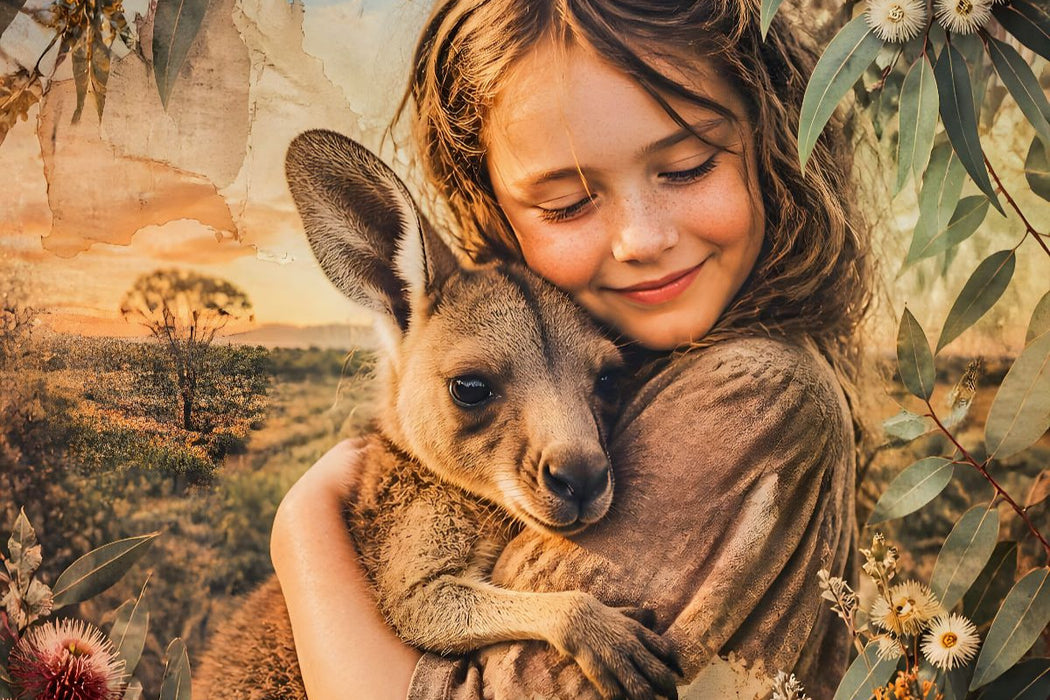 Premium Textil-Leinwand Geborgen im Outback. Australisches Mädchen & Kängurubaby