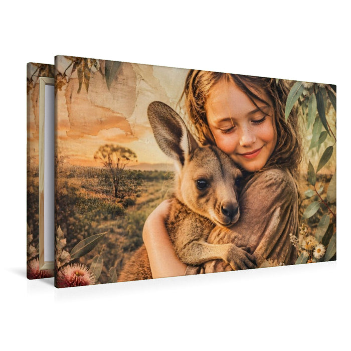 Premium Textil-Leinwand Geborgen im Outback. Australisches Mädchen & Kängurubaby