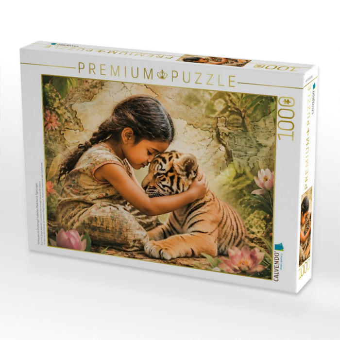 Vertrauen im Dschungel. Indisches Mädchen & Tigerjunges - CALVENDO Foto-Puzzle'