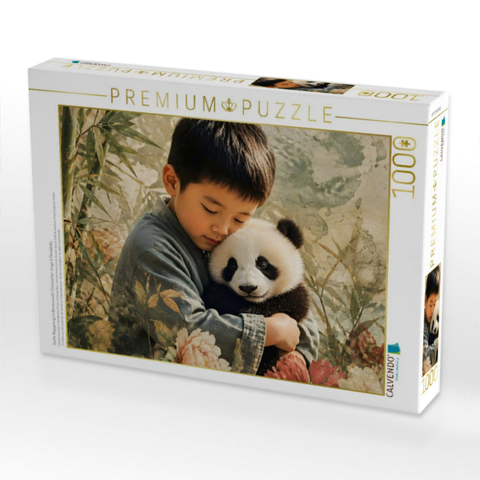 Sanfte Begegnung im Bambuswald. Chinesischer Junge & Pandababy - CALVENDO Foto-Puzzle'