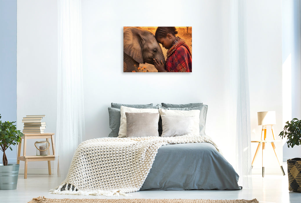 Premium Textil-Leinwand Herzen der Savanne. Massai-Mädchen & Elefantenkalb