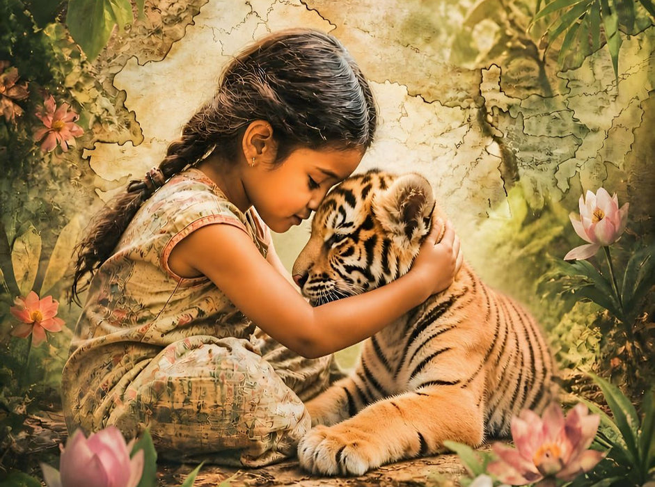 Vertrauen im Dschungel. Indisches Mädchen & Tigerjunges - CALVENDO Foto-Puzzle'