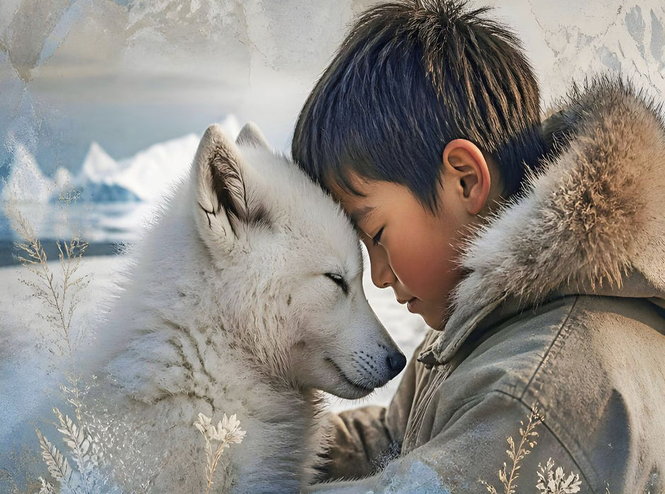 Vertrauen im ewigen Eis. Inuit-Junge & Polarwolfwelpe - CALVENDO Foto-Puzzle'