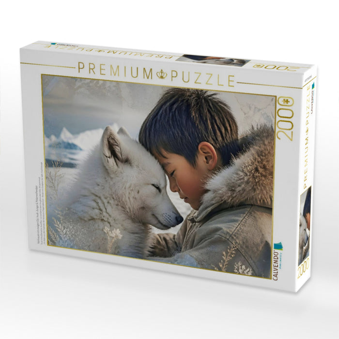 Vertrauen im ewigen Eis. Inuit-Junge & Polarwolfwelpe - CALVENDO Foto-Puzzle'