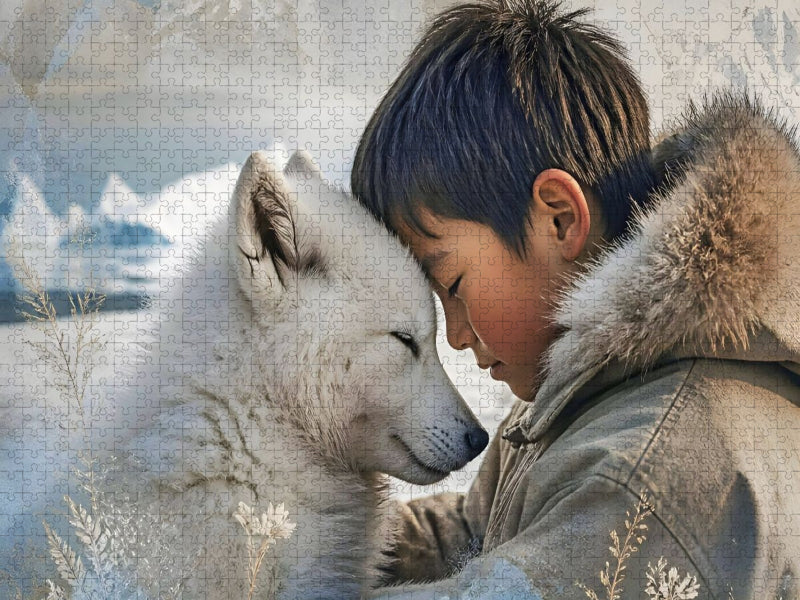 Vertrauen im ewigen Eis. Inuit-Junge & Polarwolfwelpe - CALVENDO Foto-Puzzle'