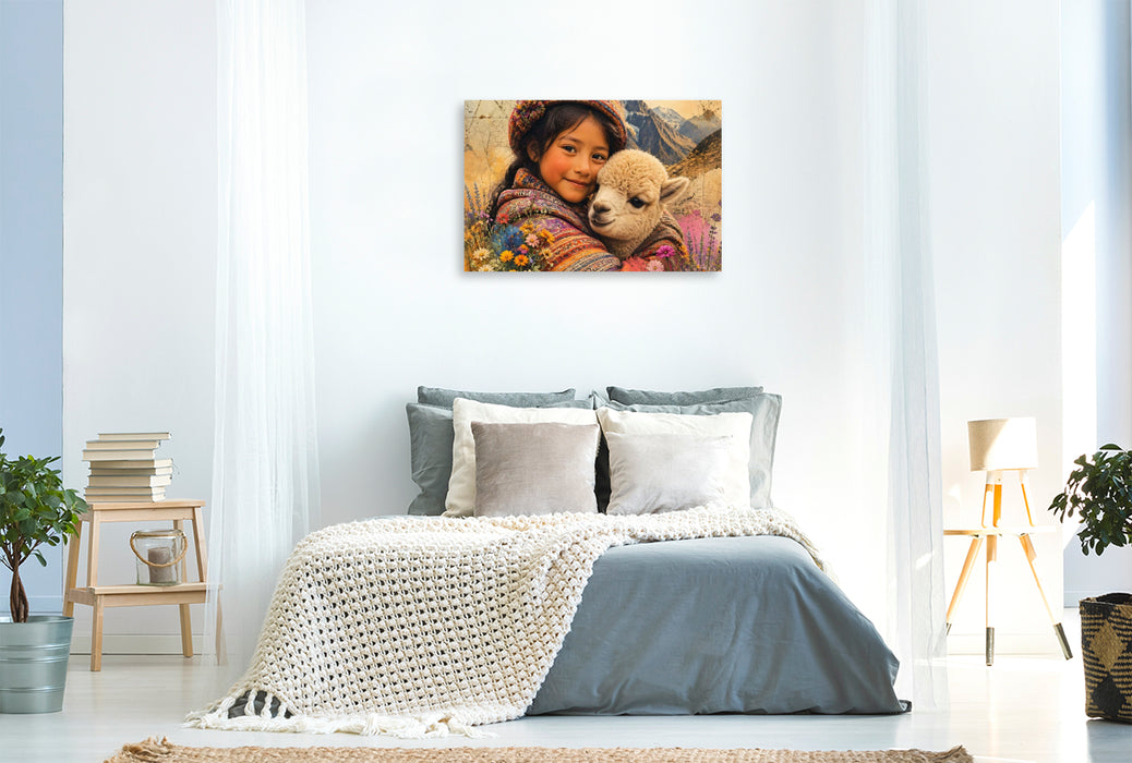Premium Textil-Leinwand Geborgen in den Anden. Andenmädchen & Alpakafohlen