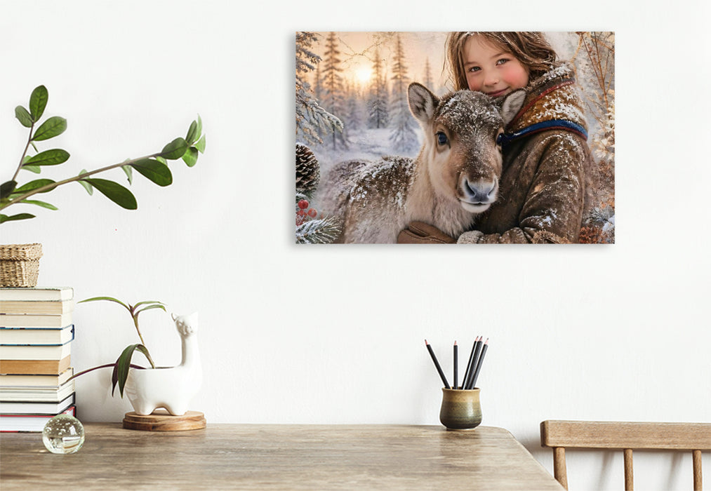 Premium Textil-Leinwand Sámi-Mädchen & Rentierkalb. Freundschaft im Winterwald