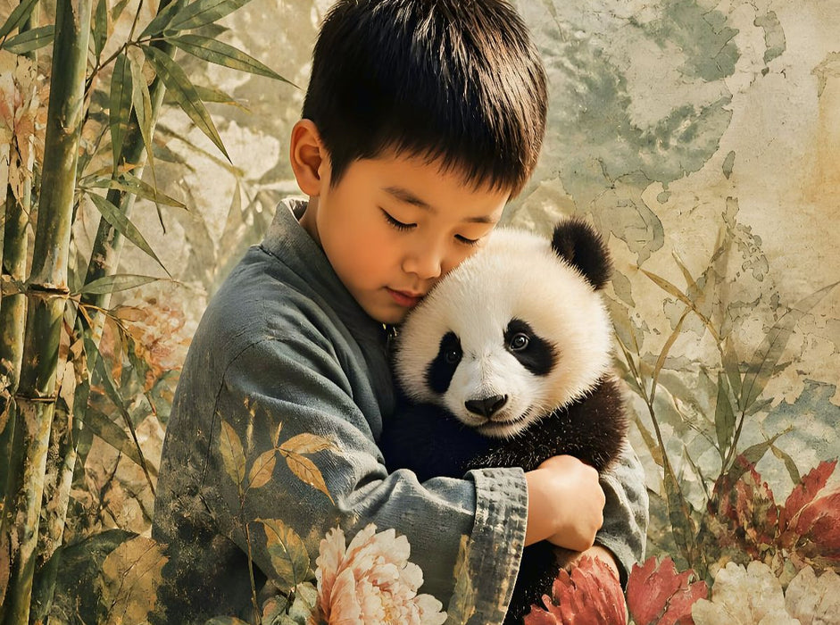 Sanfte Begegnung im Bambuswald. Chinesischer Junge & Pandababy - CALVENDO Foto-Puzzle'