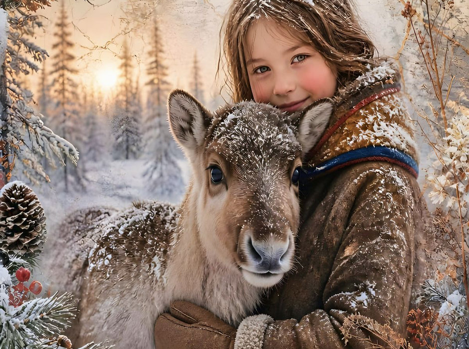 Sámi-Mädchen & Rentierkalb. Freundschaft im Winterwald - CALVENDO Foto-Puzzle'