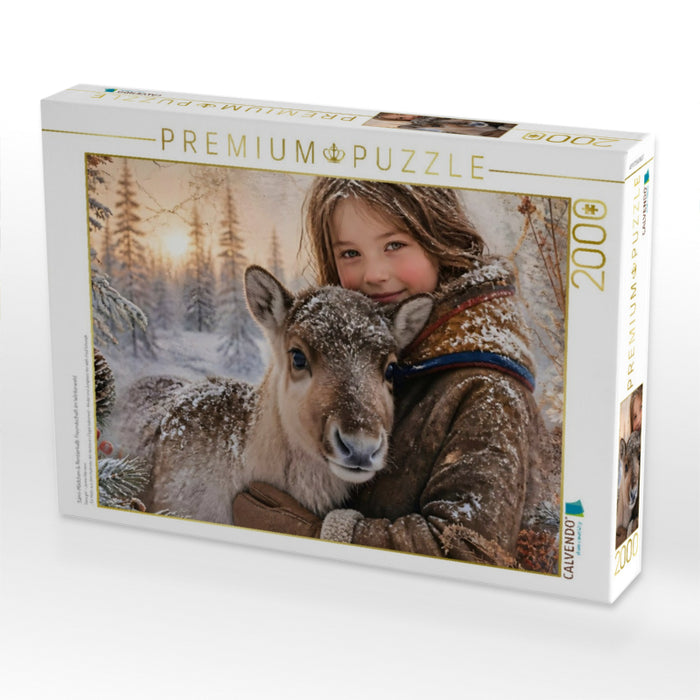 Sámi-Mädchen & Rentierkalb. Freundschaft im Winterwald - CALVENDO Foto-Puzzle'