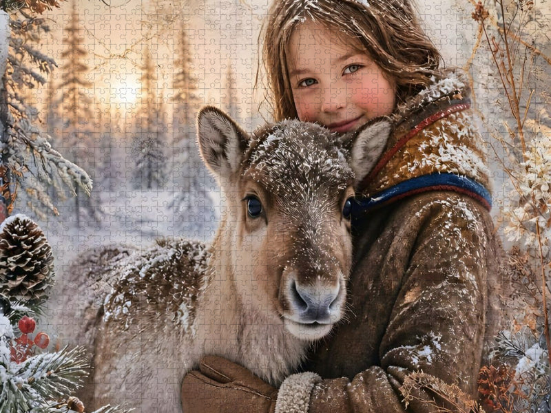 Sámi-Mädchen & Rentierkalb. Freundschaft im Winterwald - CALVENDO Foto-Puzzle'