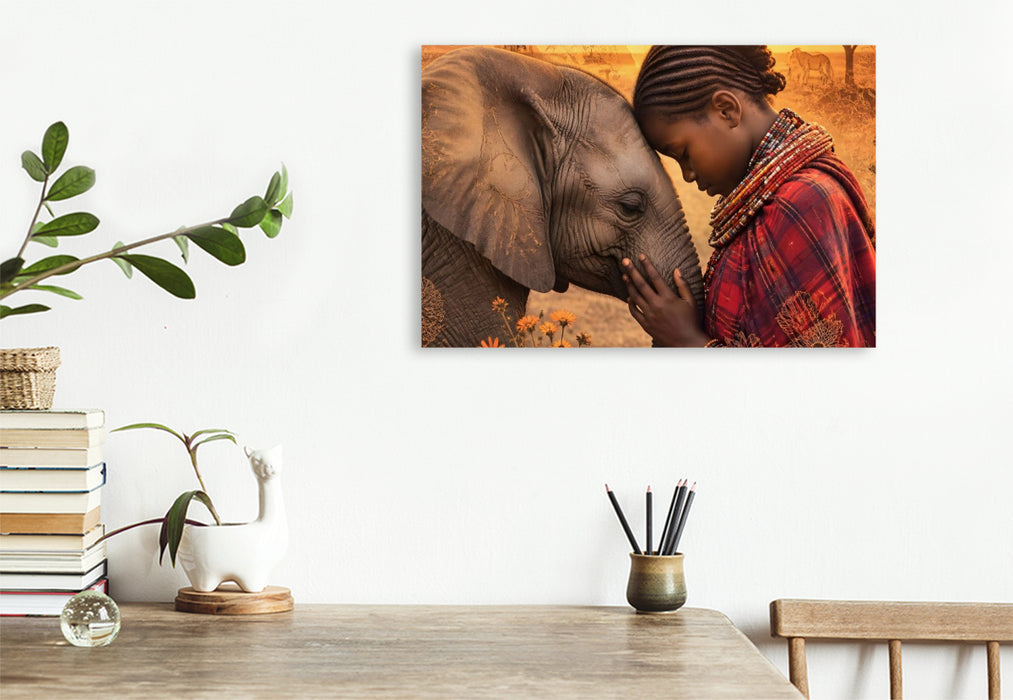 Premium Textil-Leinwand Herzen der Savanne. Massai-Mädchen & Elefantenkalb