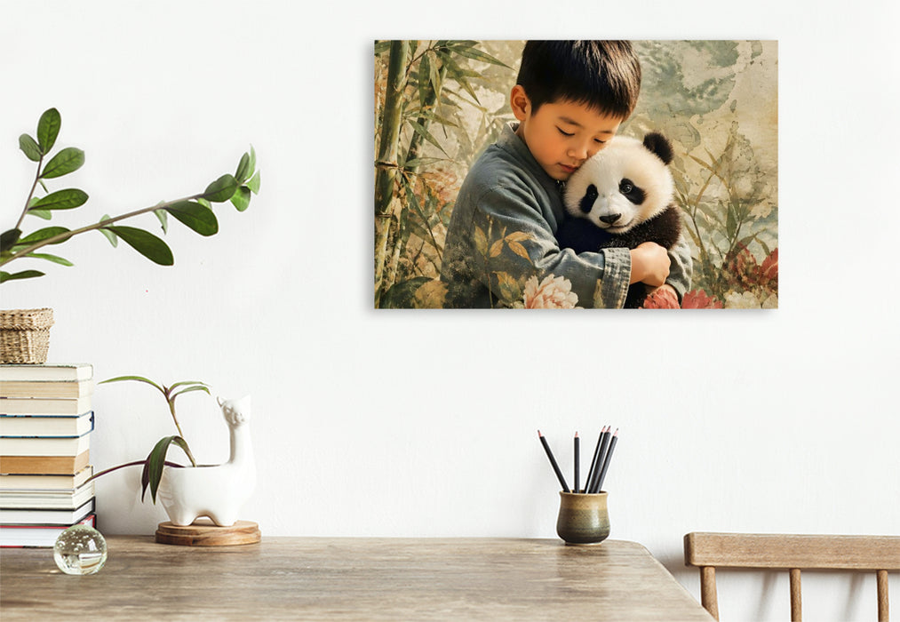 Premium Textil-Leinwand Sanfte Begegnung im Bambuswald. Chinesischer Junge & Pandababy