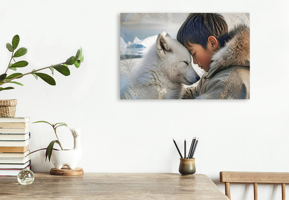 Premium Textil-Leinwand Vertrauen im ewigen Eis. Inuit-Junge & Polarwolfwelpe