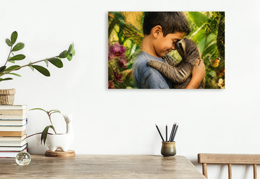Premium Textil-Leinwand Im Herzen des Regenwaldes. Costa-Rica-Junge & Faultierbaby