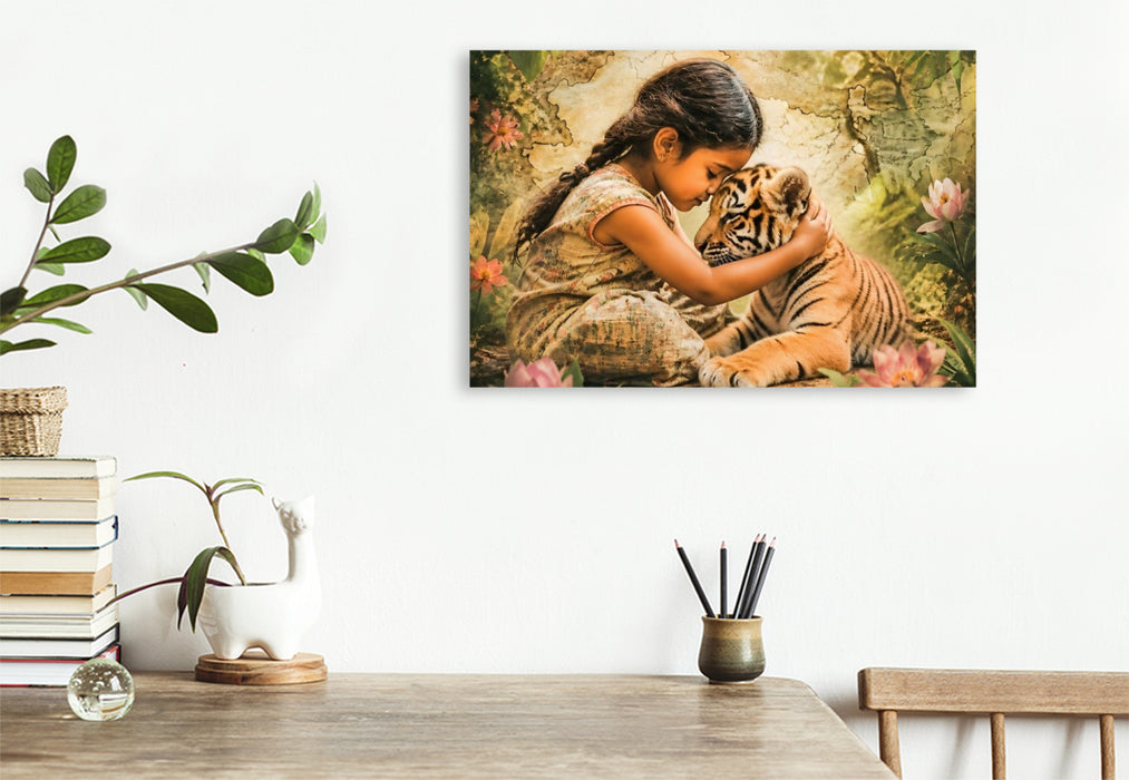 Premium Textil-Leinwand Vertrauen im Dschungel. Indisches Mädchen & Tigerjunges