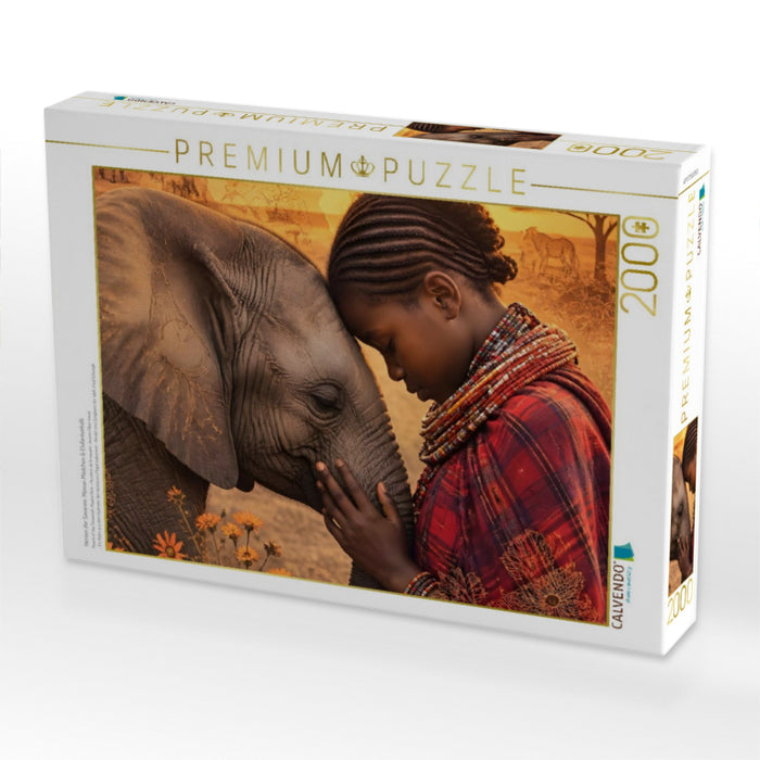 Herzen der Savanne. Massai-Mädchen & Elefantenkalb - CALVENDO Foto-Puzzle'