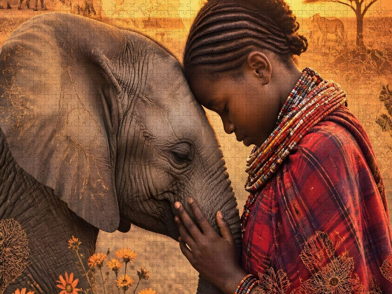 Herzen der Savanne. Massai-Mädchen & Elefantenkalb - CALVENDO Foto-Puzzle'