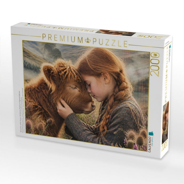 Heimat der sanften Herzen. Schottisches Mädchen & Highland-Kälbchen - CALVENDO Foto-Puzzle'