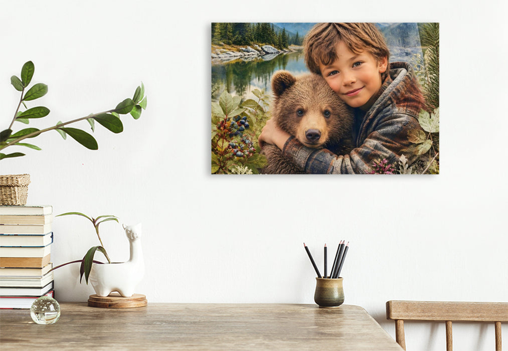 Premium Textil-Leinwand Freunde der Wildnis. Kanadischer Junge & Bärenjunges