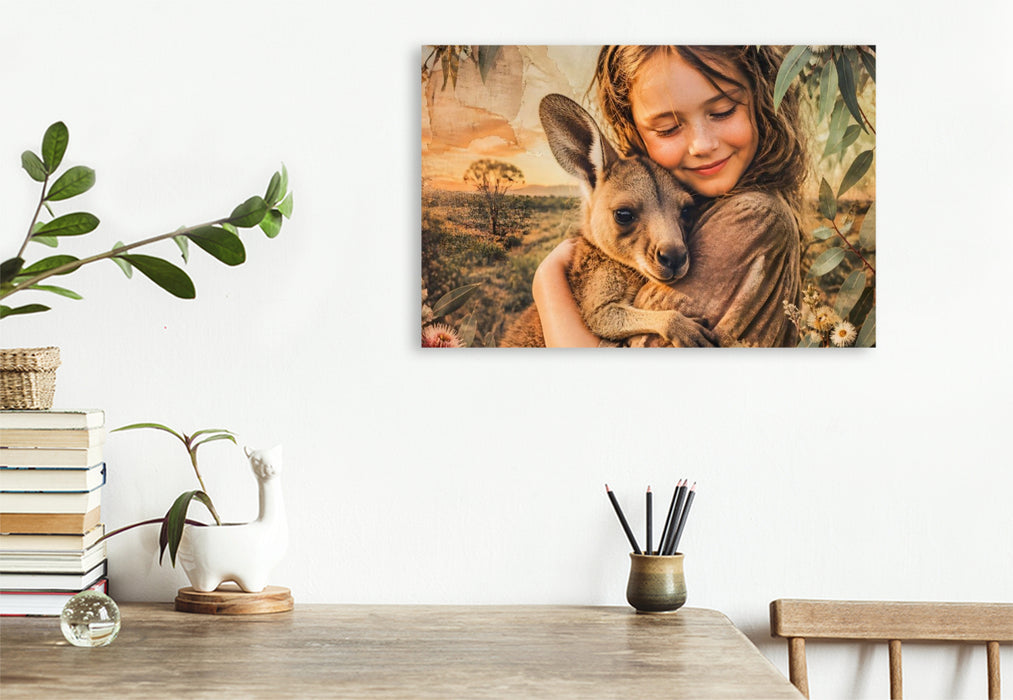 Premium Textil-Leinwand Geborgen im Outback. Australisches Mädchen & Kängurubaby