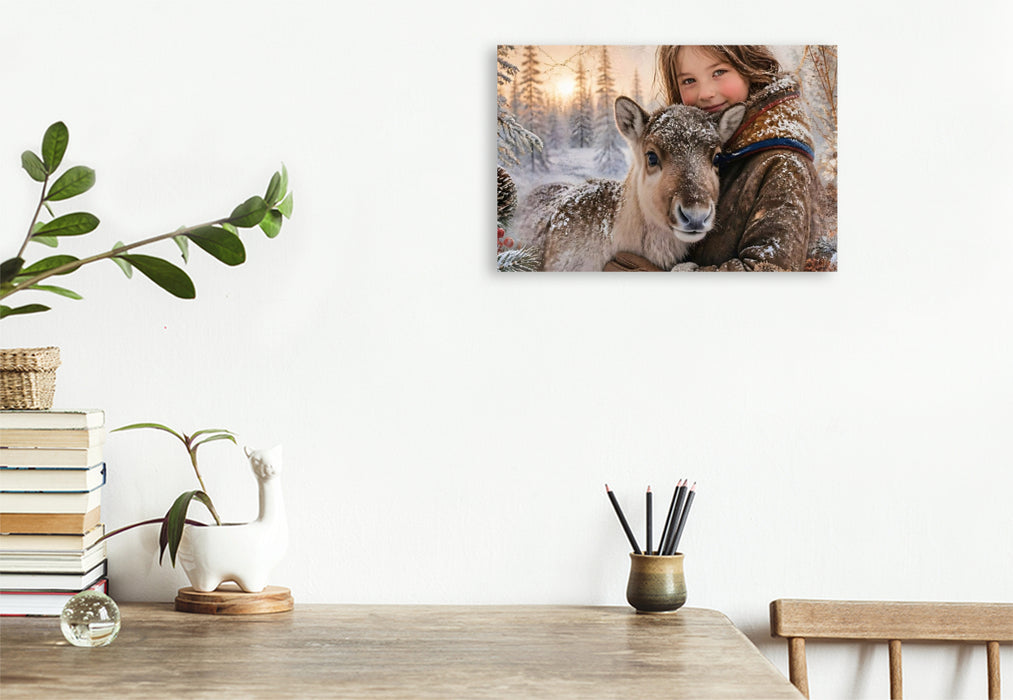 Premium Textil-Leinwand Sámi-Mädchen & Rentierkalb. Freundschaft im Winterwald