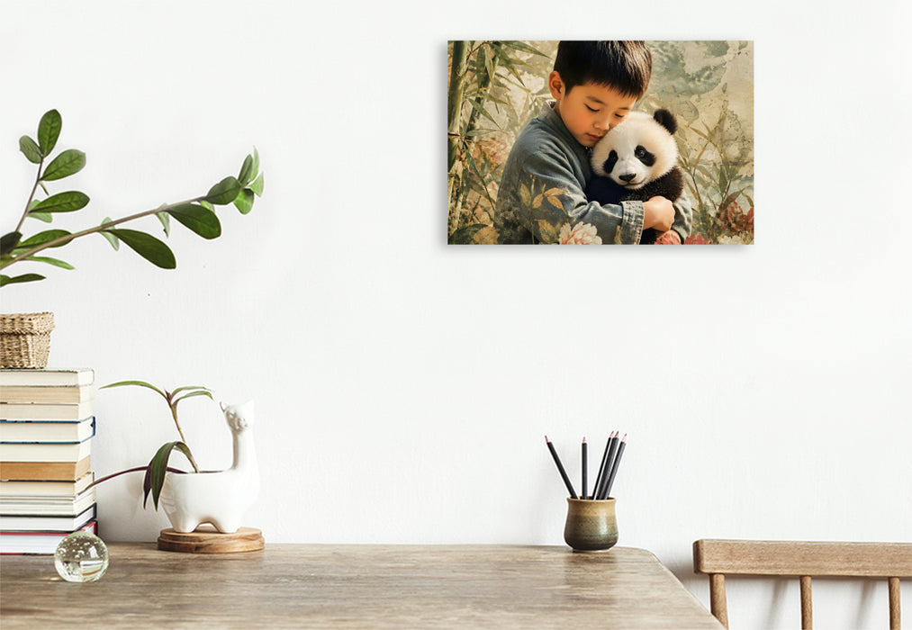 Premium Textil-Leinwand Sanfte Begegnung im Bambuswald. Chinesischer Junge & Pandababy