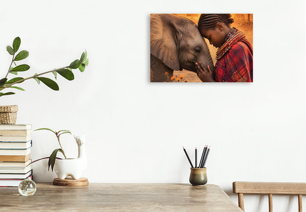 Premium Textil-Leinwand Herzen der Savanne. Massai-Mädchen & Elefantenkalb