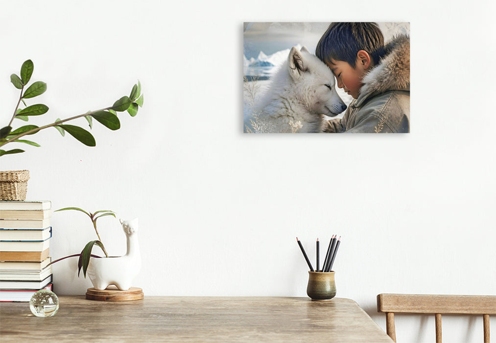 Premium Textil-Leinwand Vertrauen im ewigen Eis. Inuit-Junge & Polarwolfwelpe