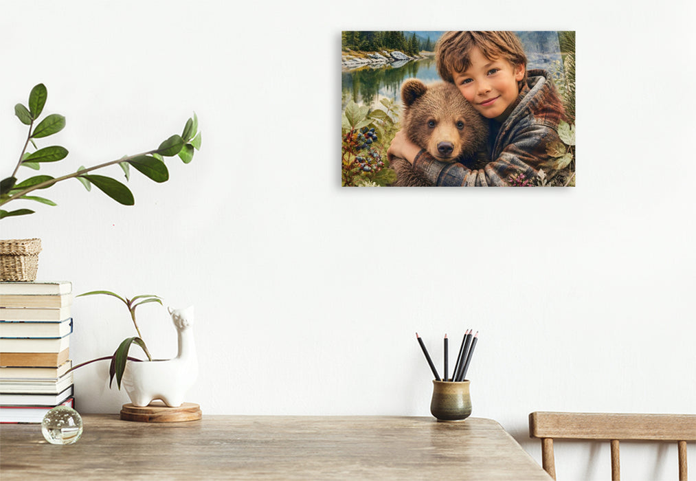 Premium Textil-Leinwand Freunde der Wildnis. Kanadischer Junge & Bärenjunges