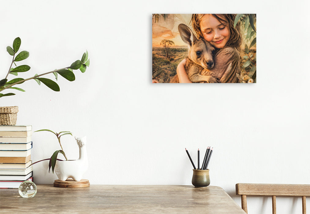 Premium Textil-Leinwand Geborgen im Outback. Australisches Mädchen & Kängurubaby