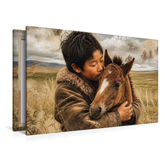 Premium Textil-Leinwand Mongolischer Junge & Pferdefohlen. Verbundene Freiheit