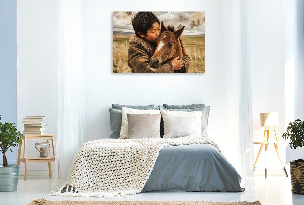 Premium Textil-Leinwand Mongolischer Junge & Pferdefohlen. Verbundene Freiheit