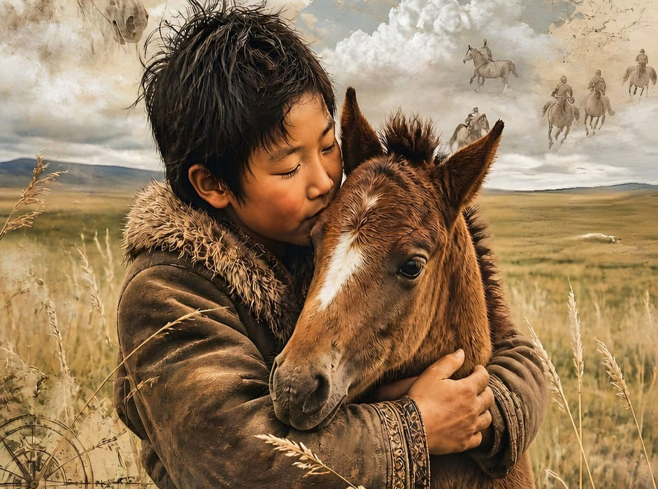 Mongolischer Junge & Pferdefohlen. Verbundene Freiheit - CALVENDO Foto-Puzzle'