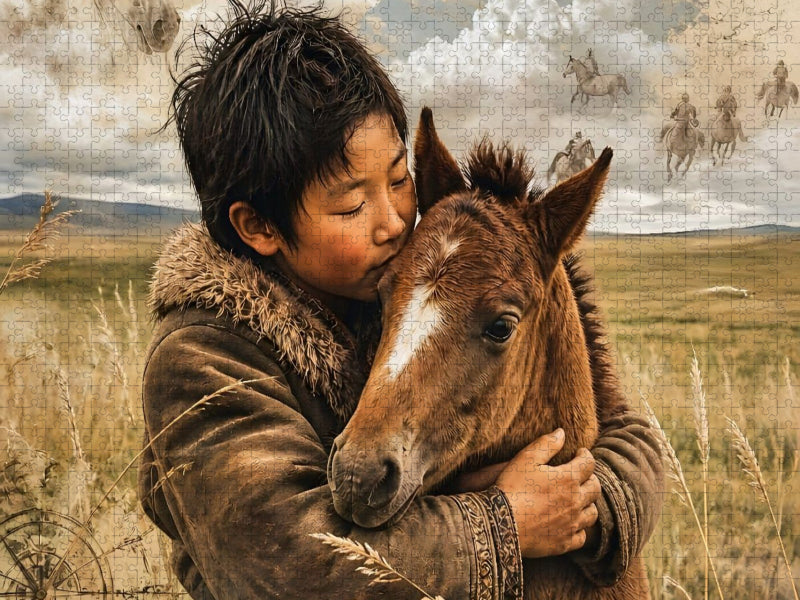Mongolischer Junge & Pferdefohlen. Verbundene Freiheit - CALVENDO Foto-Puzzle'
