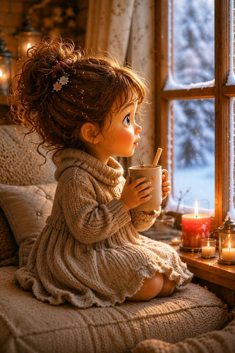 Premium Textil-Leinwand Winterwärme am Fenster