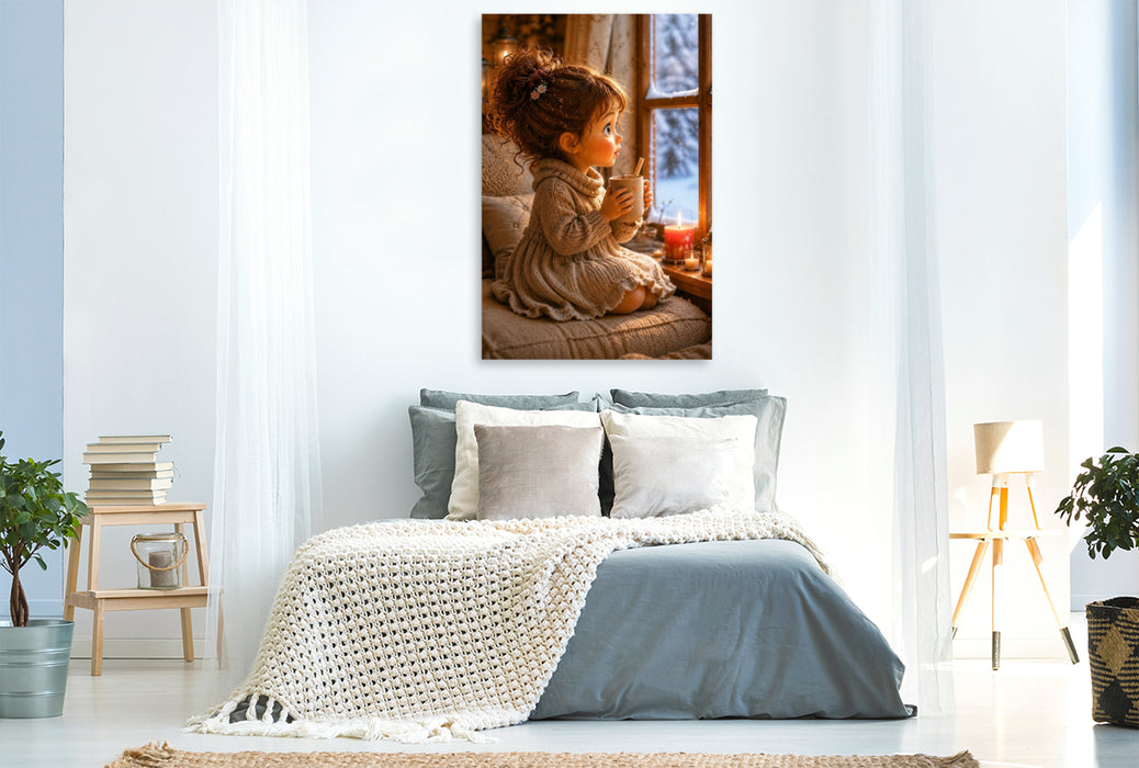 Premium Textil-Leinwand Winterwärme am Fenster